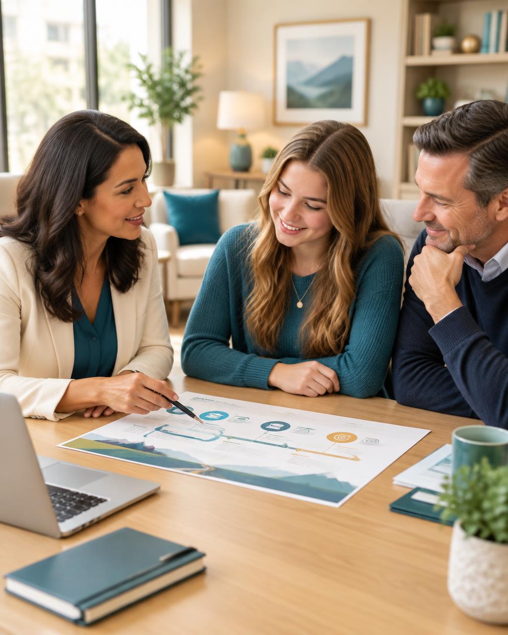 An advisor reviewing a college and career roadmap with a student and parent